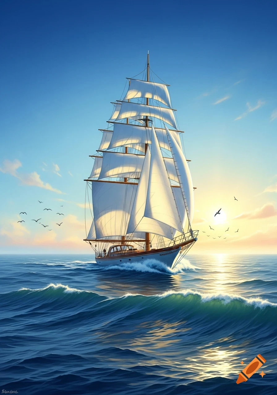 A grand sailing ship with full white sails glides through blue ocean waves towards a bright golden sunset. Birds fly in the sky.