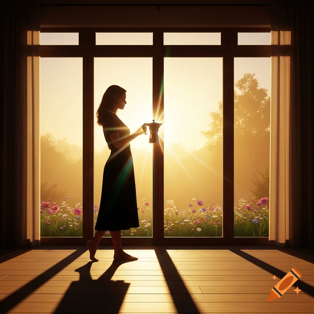A woman's silhouette holds a Moka pot by a window, gazing at a sunlit, misty garden with flowers at sunrise.