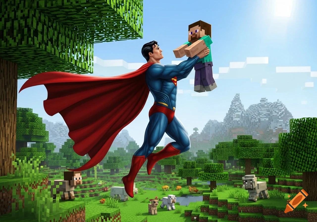 Superman flies above a pixelated Minecraft landscape, holding Minecraft Steve up in the air.