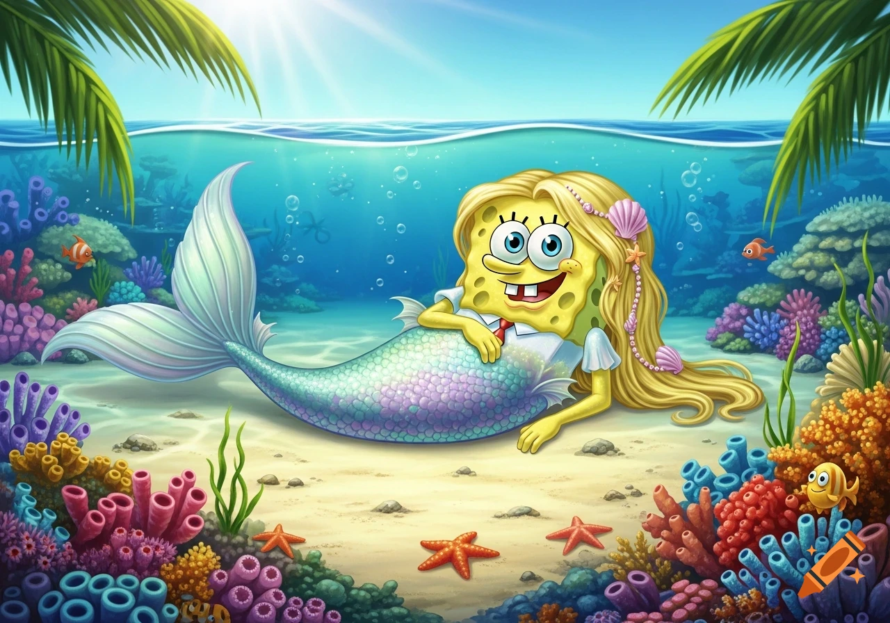 SpongeBob SquarePants as a mermaid, with long blonde hair and a colorful tail, lies on the sandy ocean floor surrounded by vibrant coral reefs.