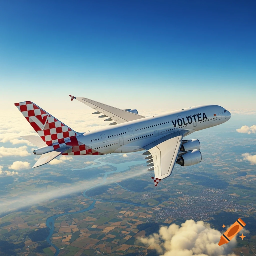 A white Volotea Airbus A380 airplane, with a red and white checkered tail, flies above a patchwork landscape under a blue sky.