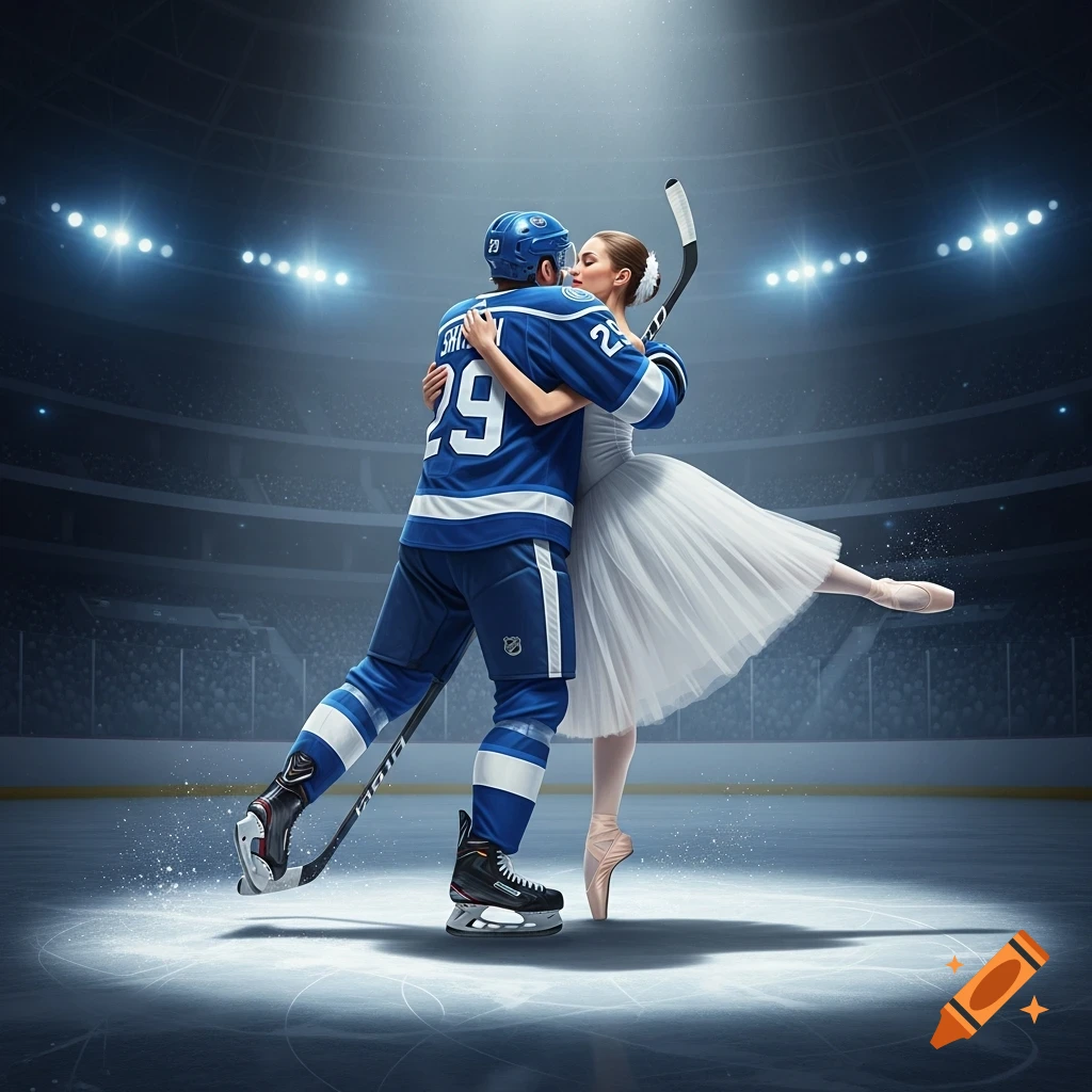 Photorealistic image of a hockey player in blue jersey '29' hugging and kissing a ballet dancer in a white tutu on an ice rink.