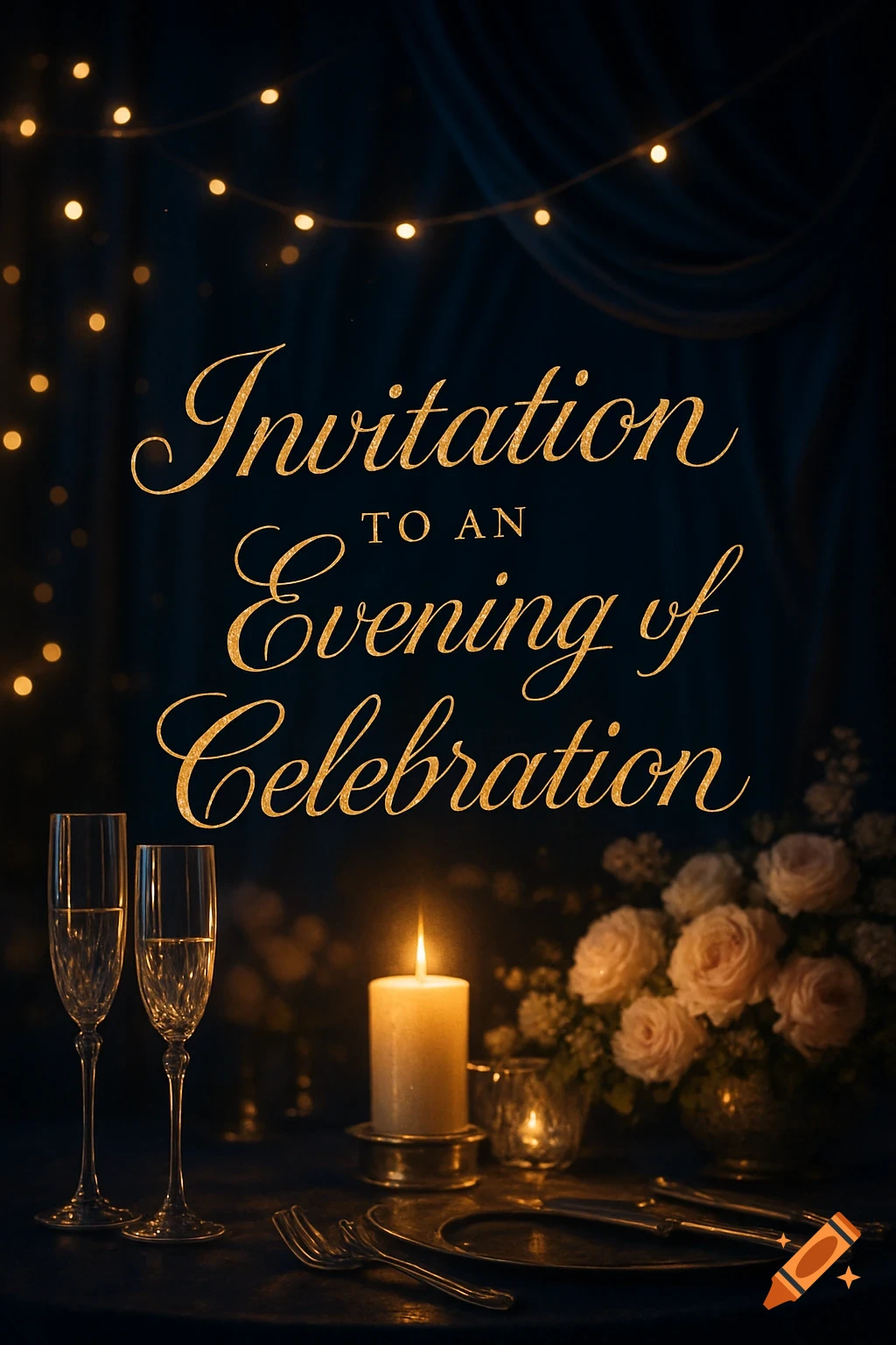 An elegant invitation card in gold script against a dark background, featuring a candle, champagne flutes, and a bouquet of roses on a table.