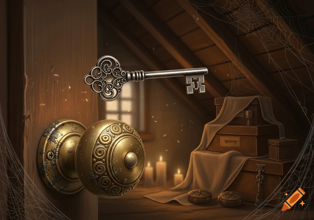 An ornate silver key floats near a detailed brass doorknob on a wooden door, leading to a dusty attic with boxes and candles.