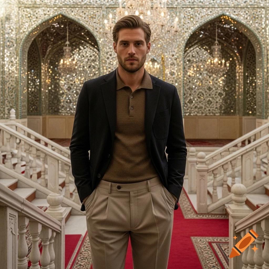 A man in a black blazer and brown polo stands on a grand marble staircase in a luxurious mirrored palace, photorealistic.
