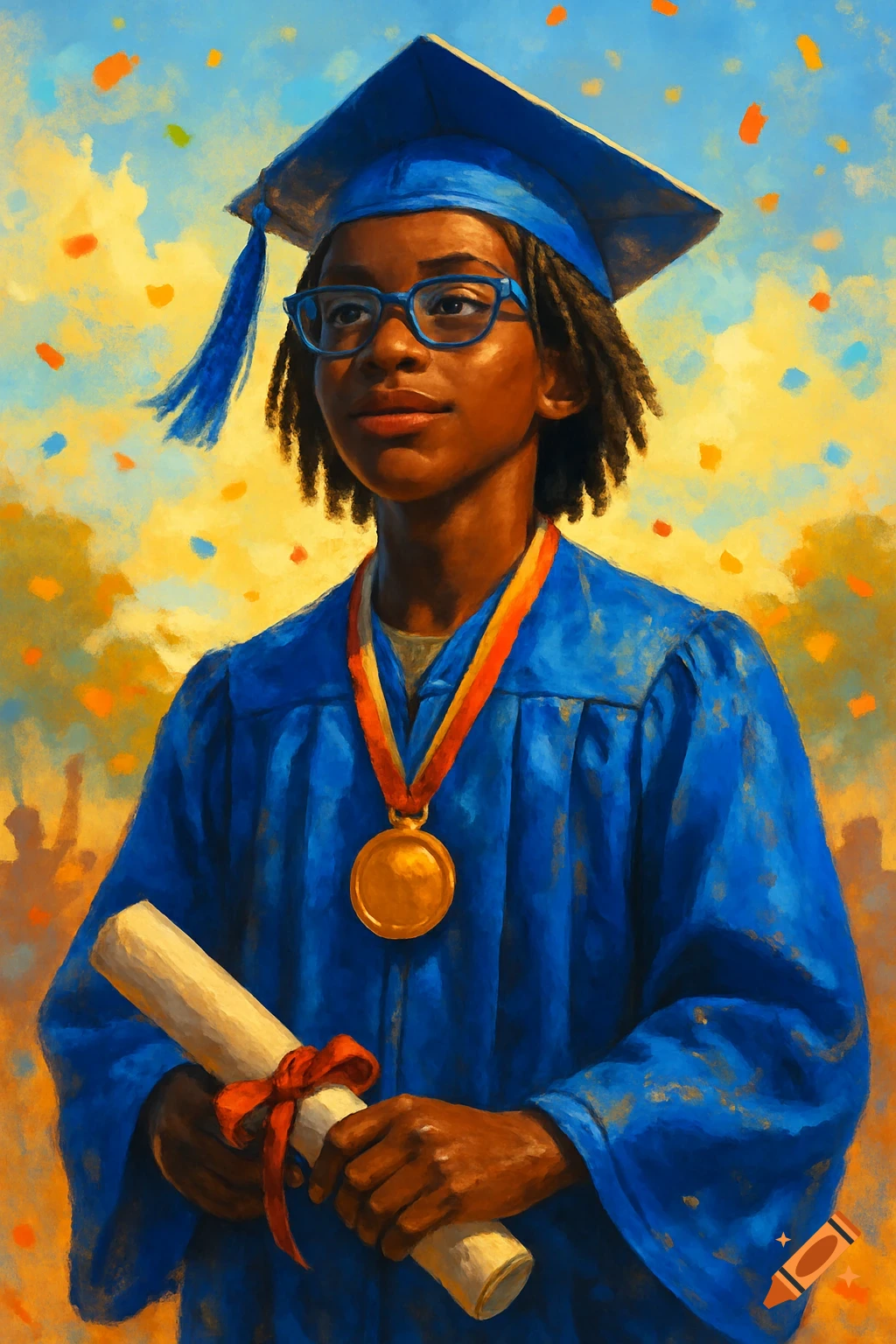 A dark-skinned teenager wearing a blue graduation cap, gown, and medal, holding a rolled certificate, against a confetti-filled sky in an oil painting style.