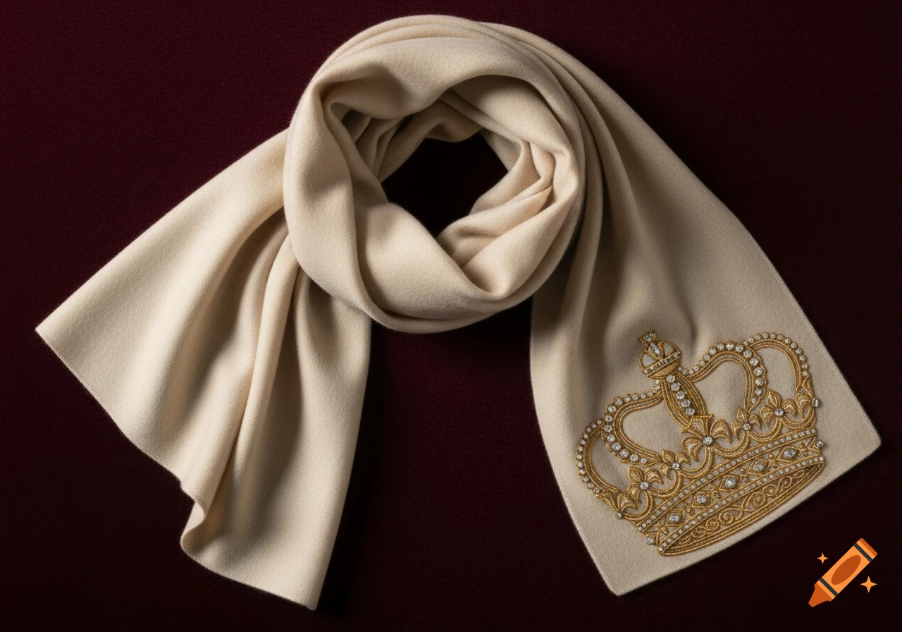A beige cashmere scarf with an elaborate gold and diamond-studded crown embroidered on one end, set against a dark red background.