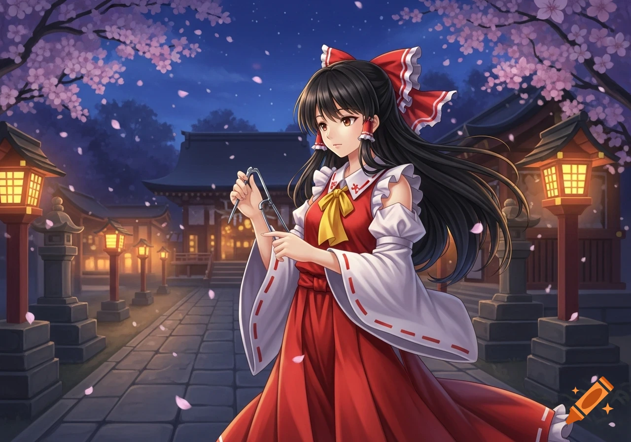 Anime girl with dark hair in a red and white shrine maiden outfit holding a lockpick, under cherry blossom trees at night.