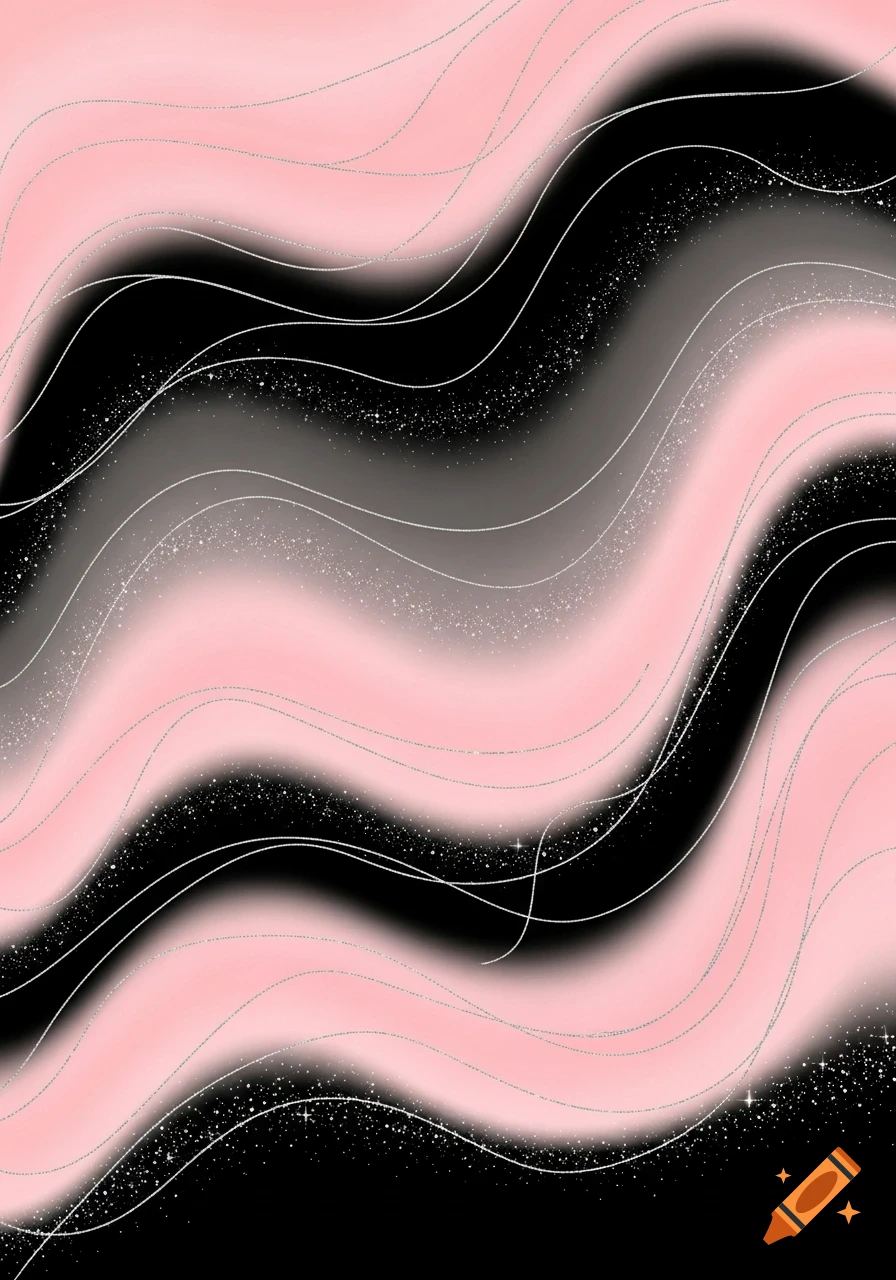 Abstract background with wavy bands of black, pink, and gray, accented with delicate silver lines and scattered white sparkles.