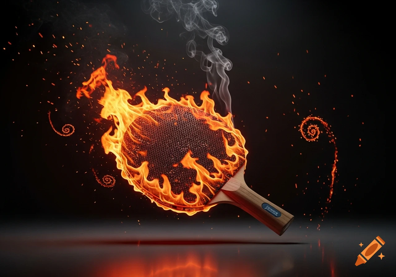 A photorealistic image of a ping-pong paddle engulfed in vibrant flames and smoke, with embers scattering on a dark background.