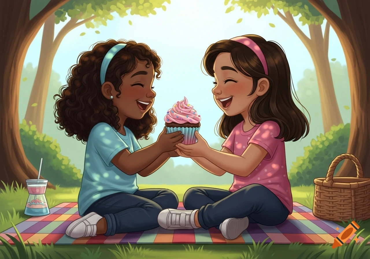 Two cheerful cartoon girls sitting on a picnic blanket in a park, happily sharing a pink frosted cupcake.