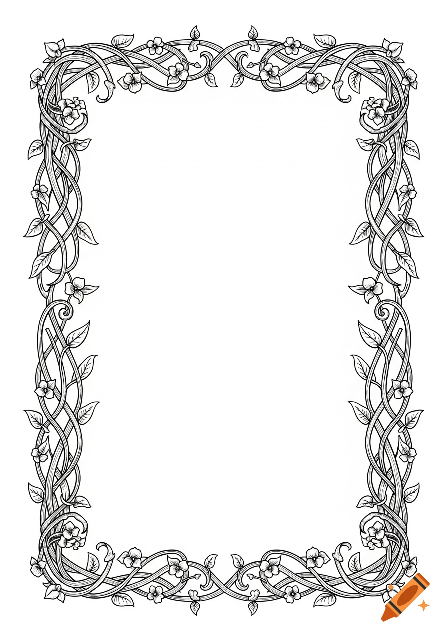 Black and white ornamental border with intertwining vines, leaves, and small flowers.