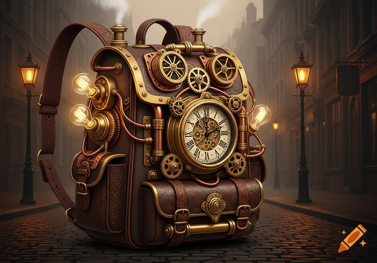 Steampunk backpack with intricate gears, a large clock, and glowing light bulbs on a cobblestone street at dusk.