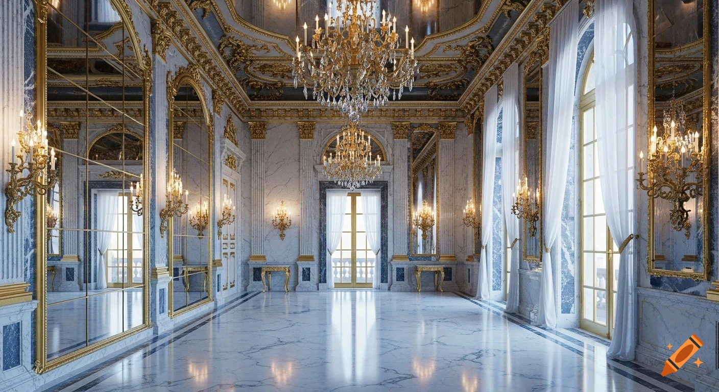Photorealistic image of a lavish baroque hall with white-blue marble walls, opulent gold decor, grand chandeliers, and tall windows.