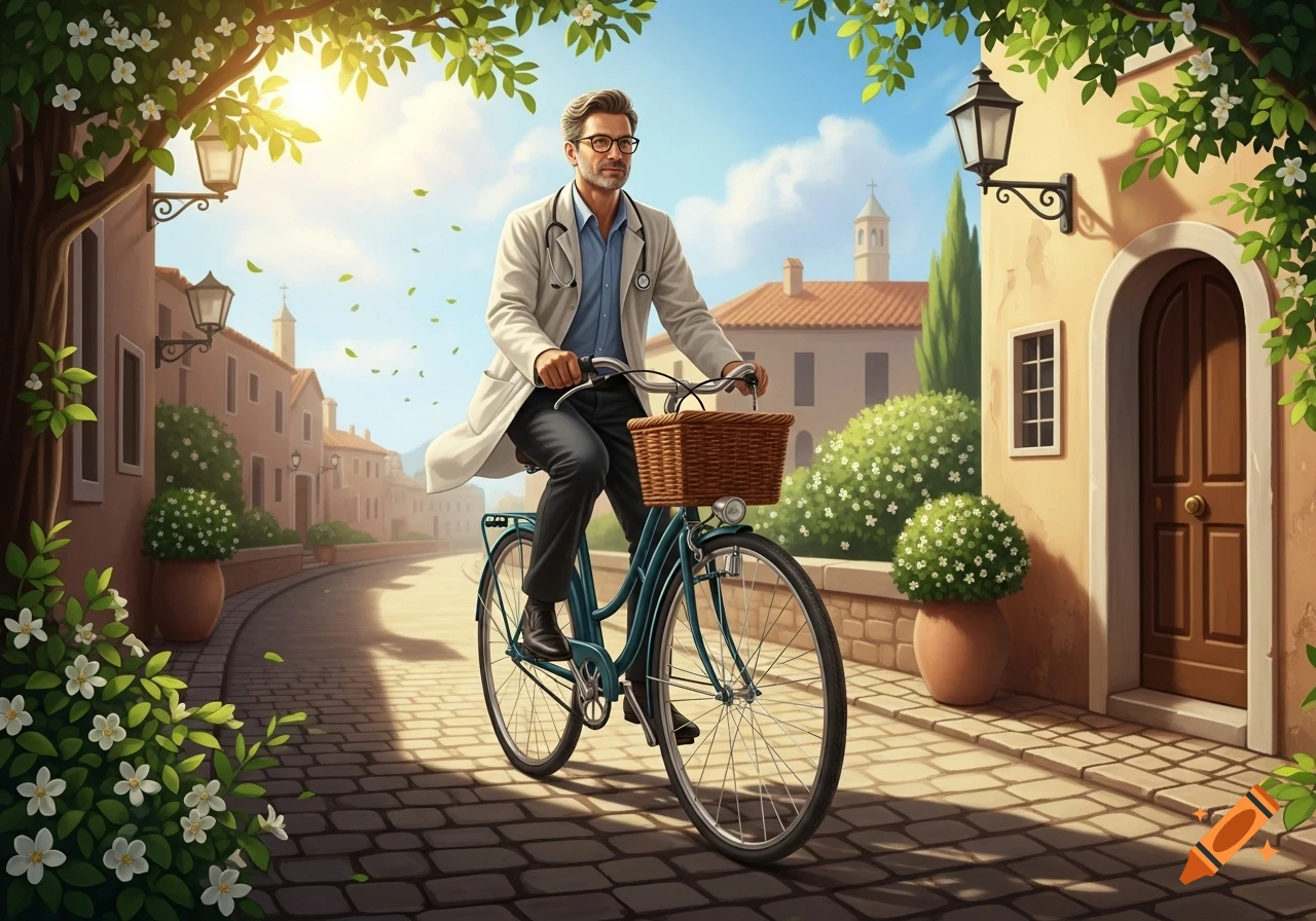 A doctor in a white lab coat and stethoscope rides a bicycle with a basket down a cobblestone street in a sunny European town, illustrated.