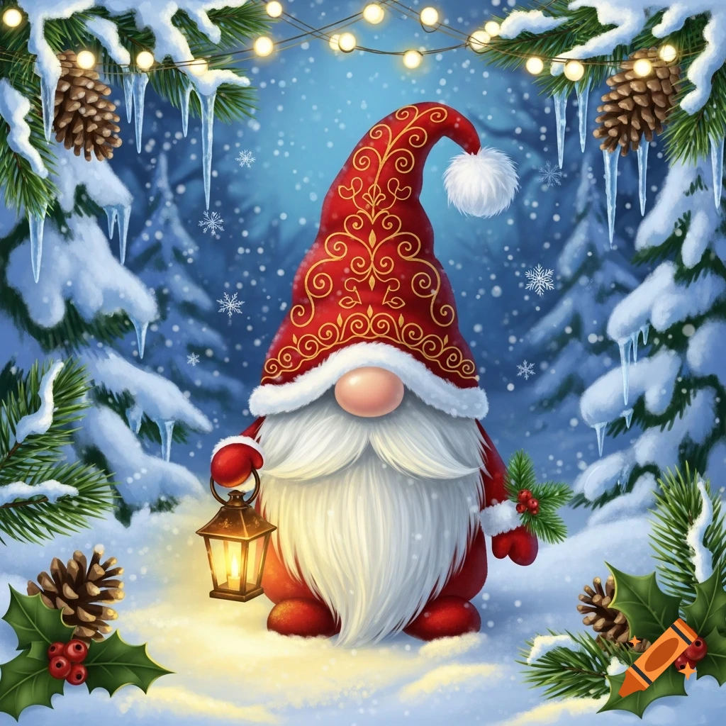 Festive illustration of a red-hatted gnome holding a lantern in a snowy forest with pinecones, holly, and string lights.