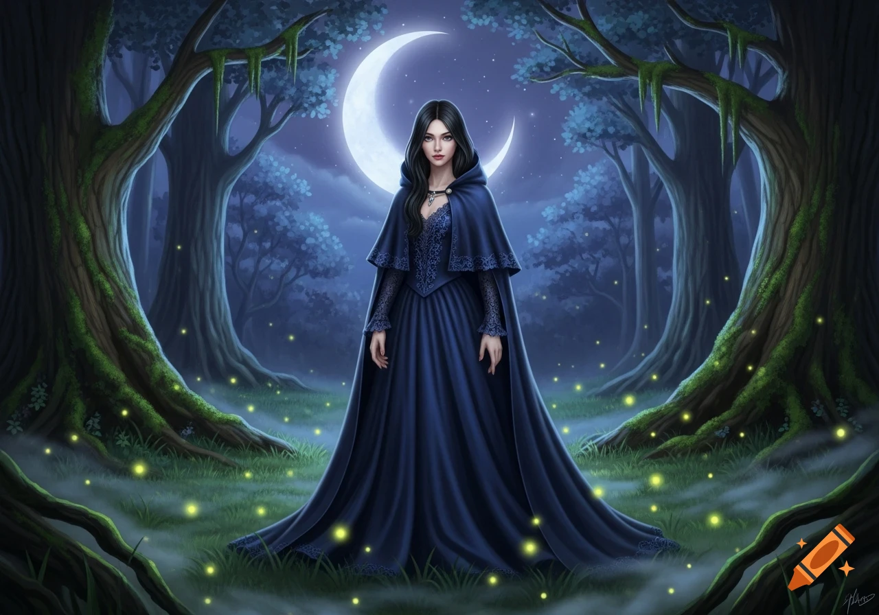 A dark-haired woman in a flowing blue gown and cape stands in a glowing ...