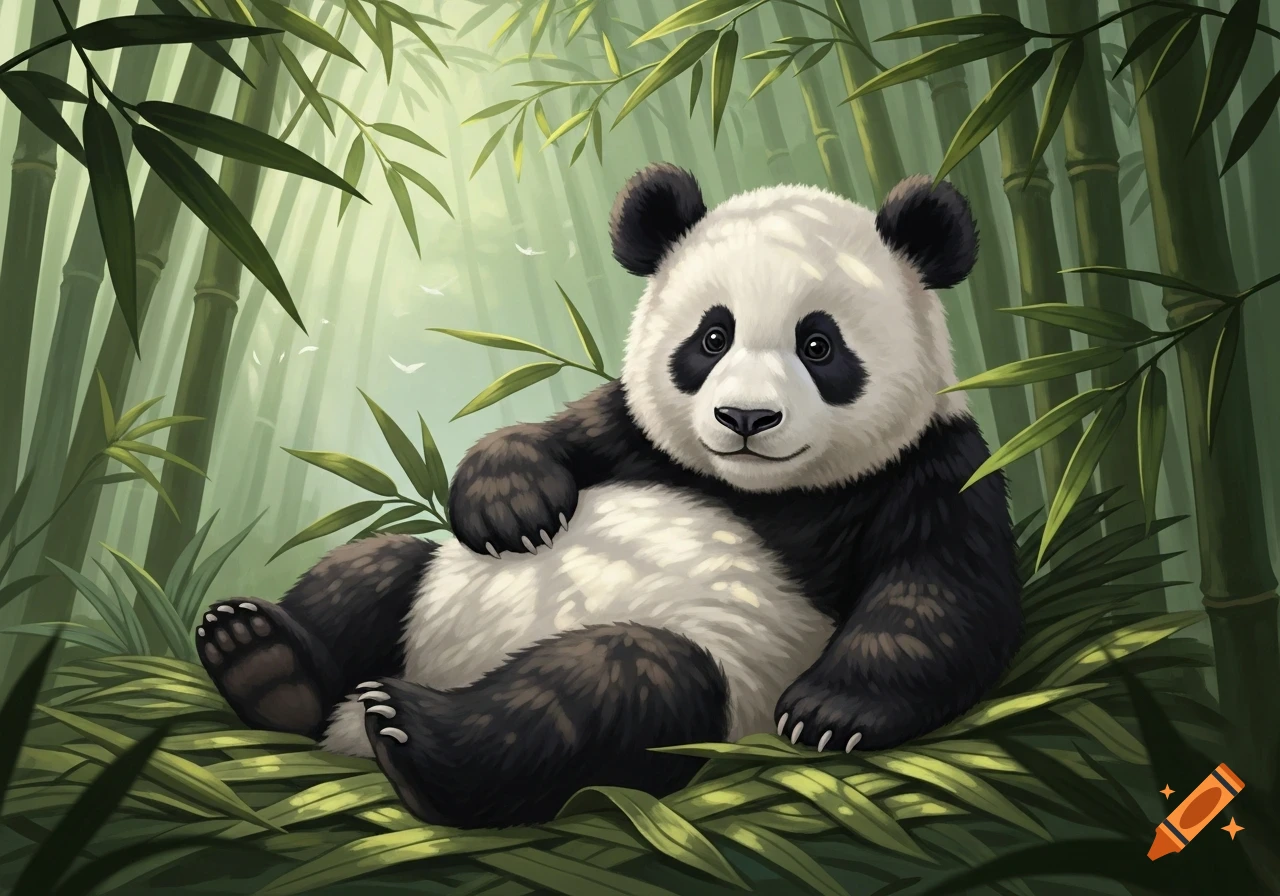 A stylized illustration of a fluffy baby panda sitting in a lush green bamboo forest.