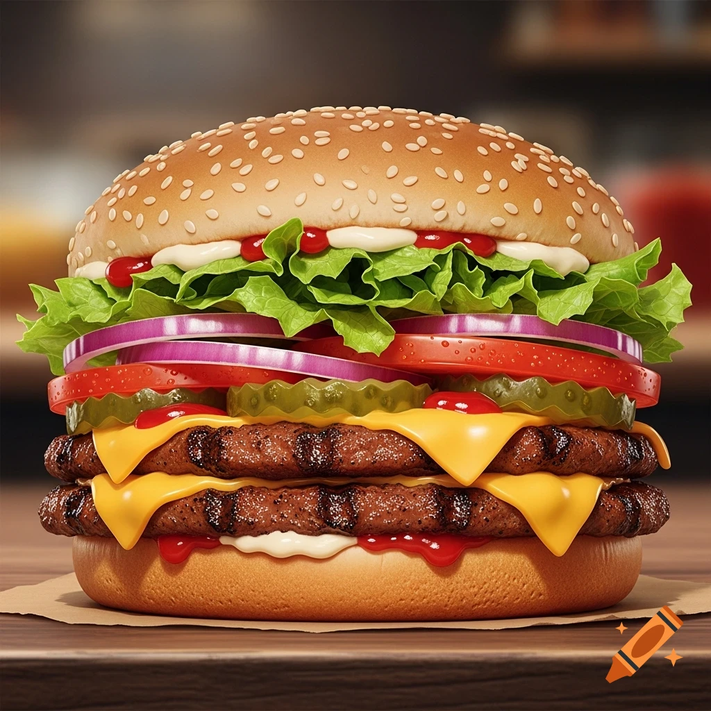 Photorealistic double cheeseburger with lettuce, tomato, onion, pickles, ketchup, and mayo on a sesame seed bun.