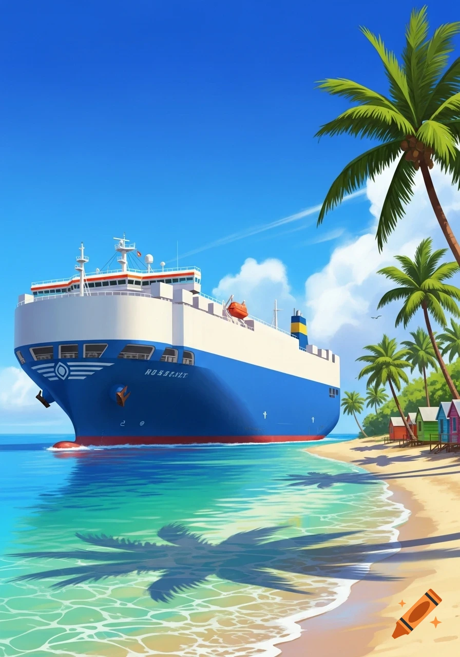 A large blue and white car carrier vessel sails near a tropical beach with palm trees and colorful huts under a bright blue sky, in a stylized illustration.