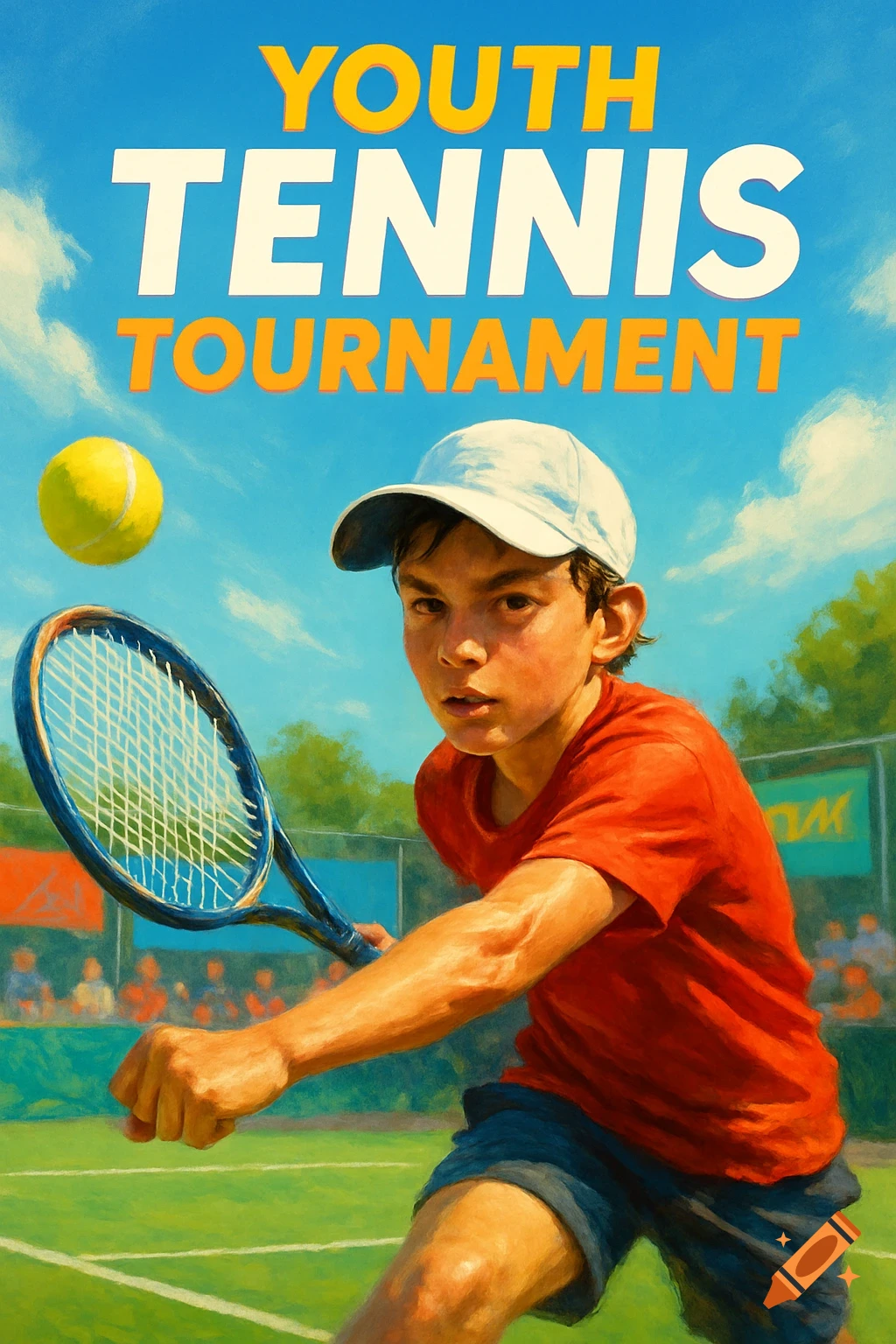 A painterly image of a young boy in a white cap and red shirt playing tennis, with "YOUTH TENNIS TOURNAMENT" text above.