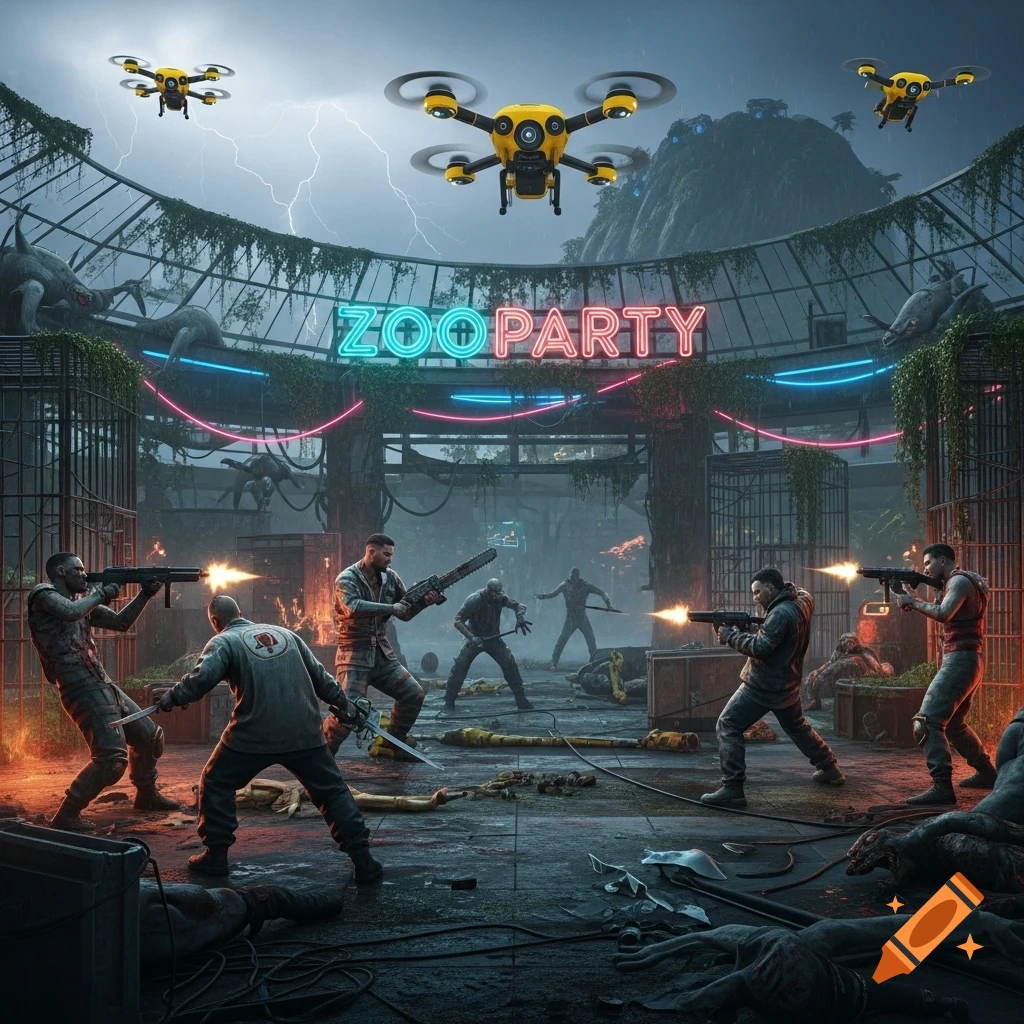 A cyberpunk, post-apocalyptic scene in an abandoned zoo with a 'ZOOPARTY' sign. Men fight zombies with guns, chainsaws, and knives, while yellow drones fly overhead under a stormy sky.