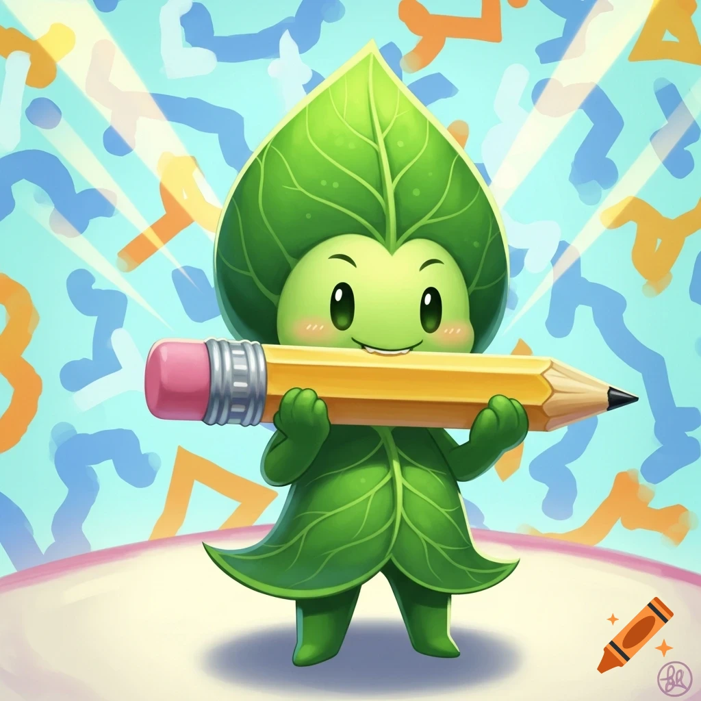 A cute, green leaf-person cartoon character with rosy cheeks holds a large yellow pencil against a blue background with colorful shapes.