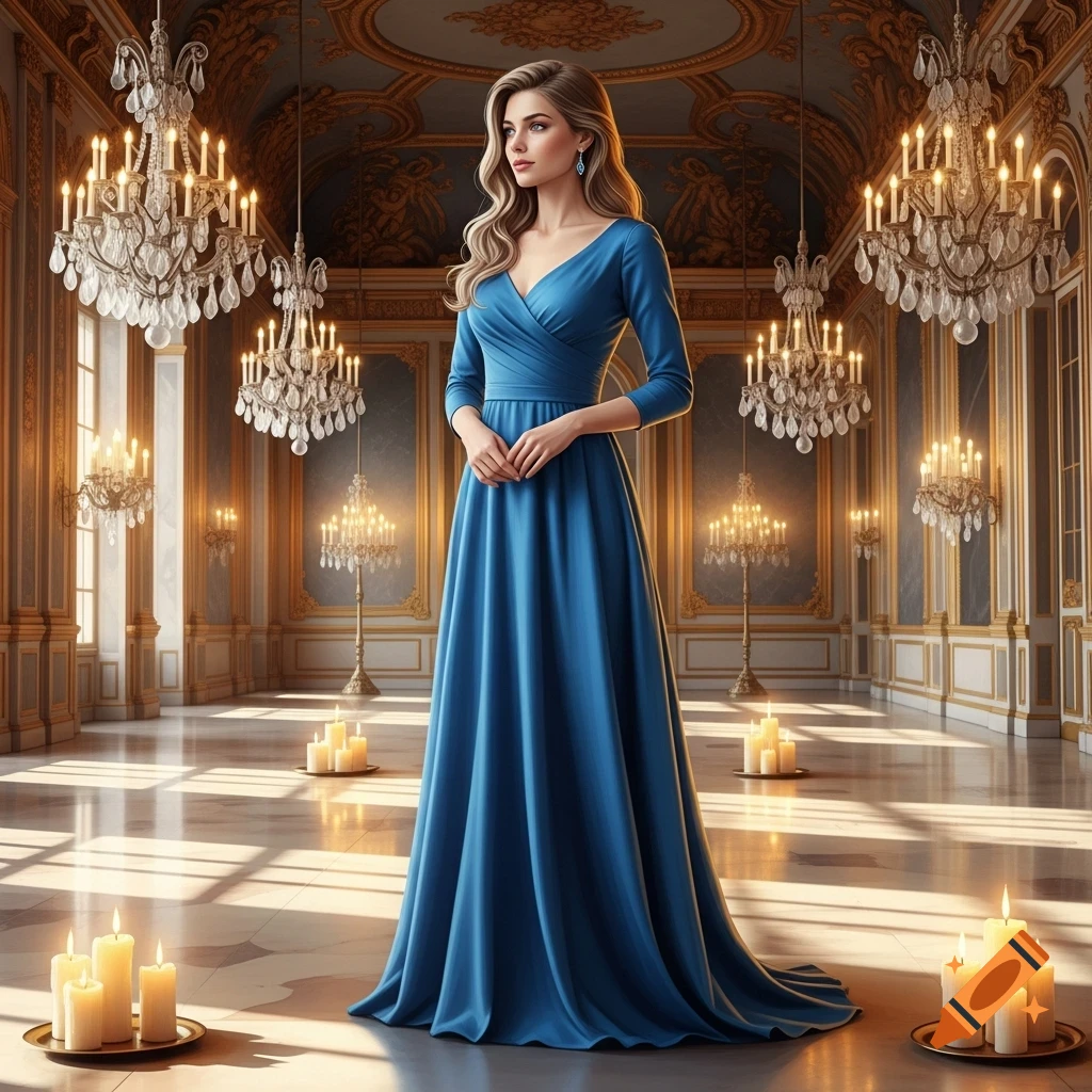 Elegant woman in a blue gown in an ornate ballroom with chandeliers and candles.