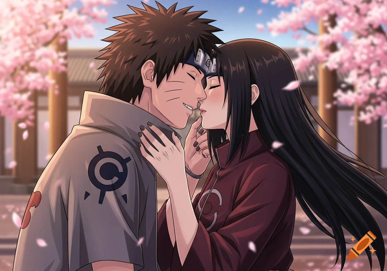 Kiba Inuzuka and Hanabi Hyūga from Naruto, an anime couple, leaning in for a kiss under cherry blossom trees.