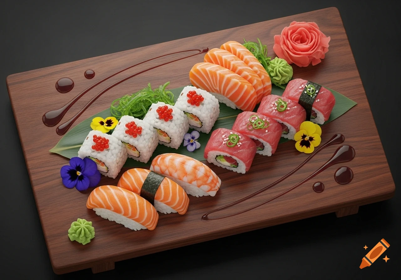 A photorealistic display of various sushi and sashimi rolls with garnishes on a wooden platter.
