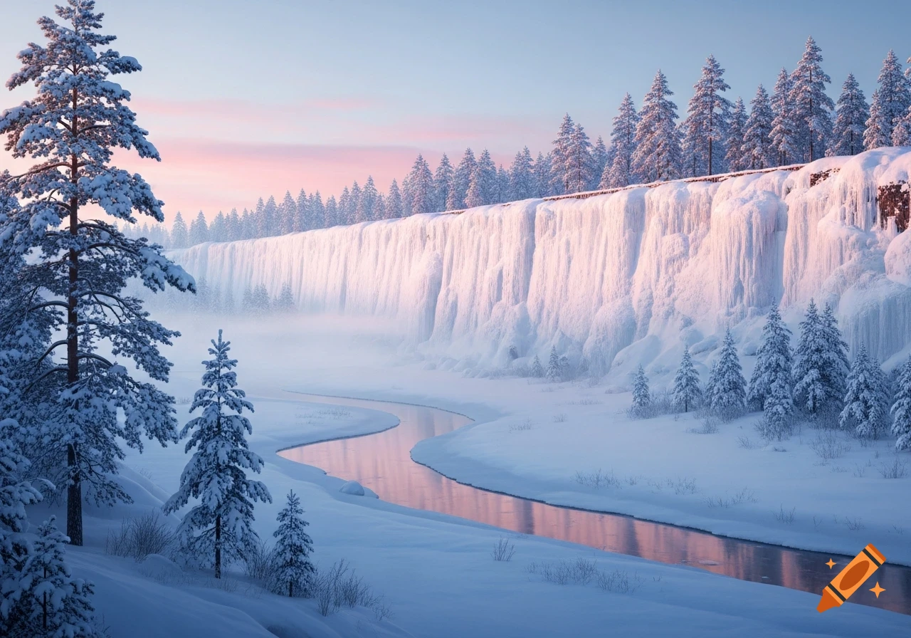Serene winter landscape with a winding river reflecting a pink sky ...