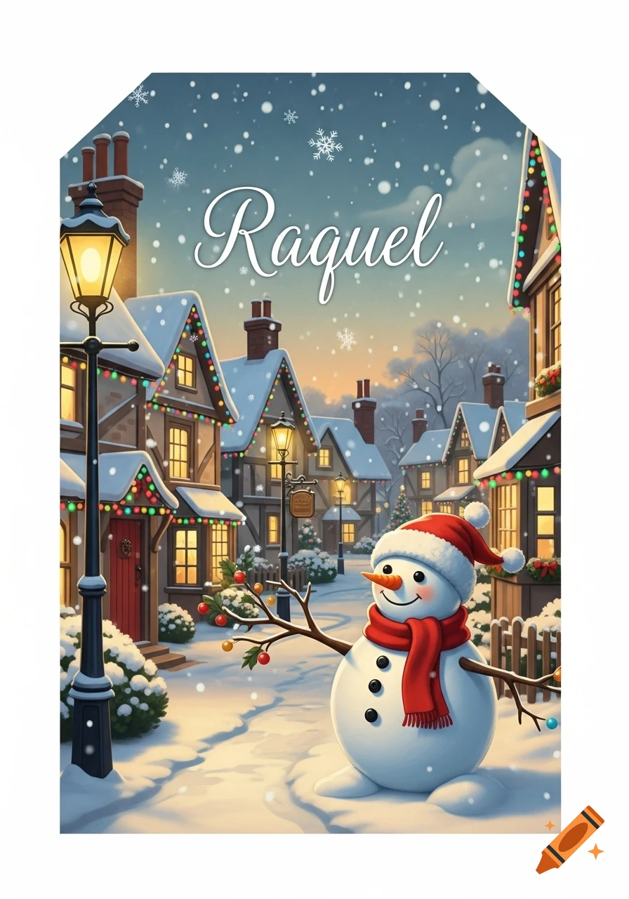 A cheerful snowman in a red hat and scarf stands in a snowy village street decorated with Christmas lights, under a sky with text 'Raquel' and falling snowflakes, in a cartoon-realistic style.