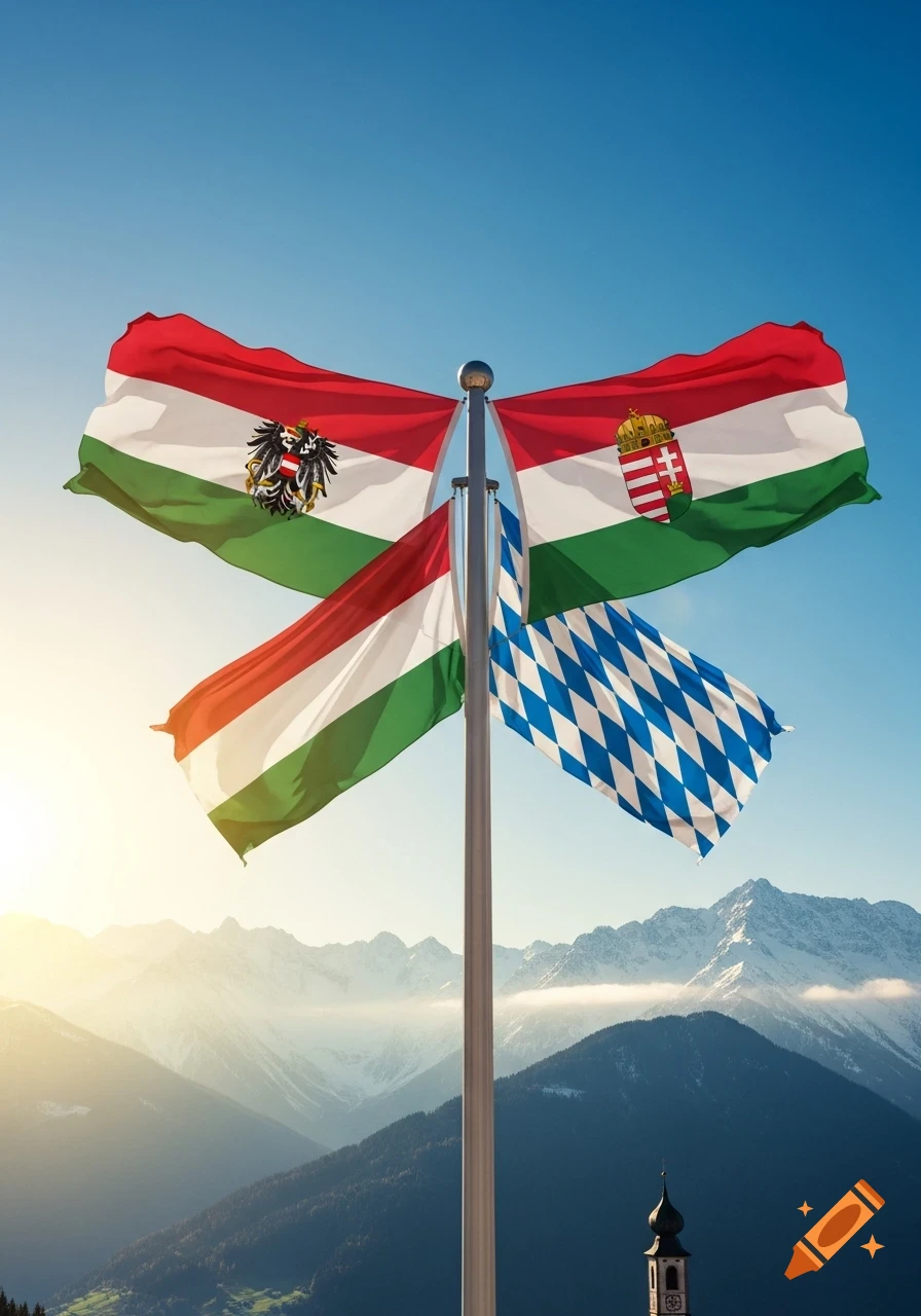Flags of Austria, Hungary, and Bavaria flying on a pole against a clear blue sky, above sunlit snowy mountains and a valley.