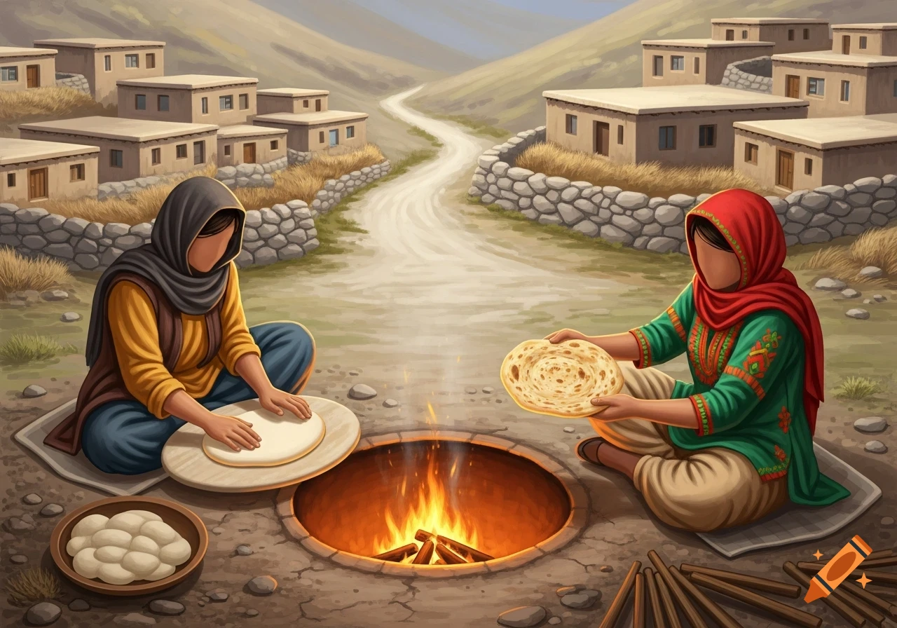 Two women in traditional attire bake flatbread over a tandoor oven in a mountain village with mud houses and a winding road.