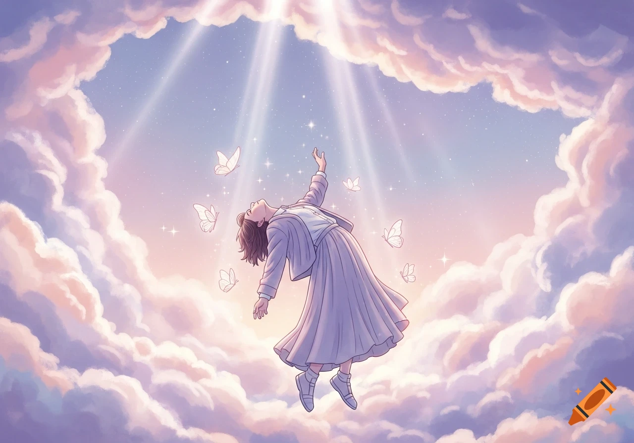 An anime-style illustration of a person floating among pastel clouds, reaching up towards light rays and surrounded by glowing butterflies.