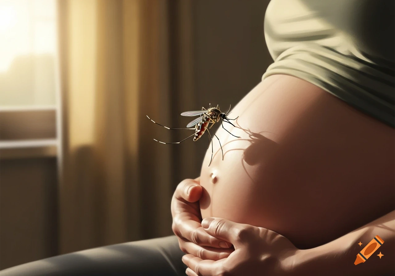 A large mosquito sits on the bare belly of a pregnant woman, whose hands are cradling her abdomen.