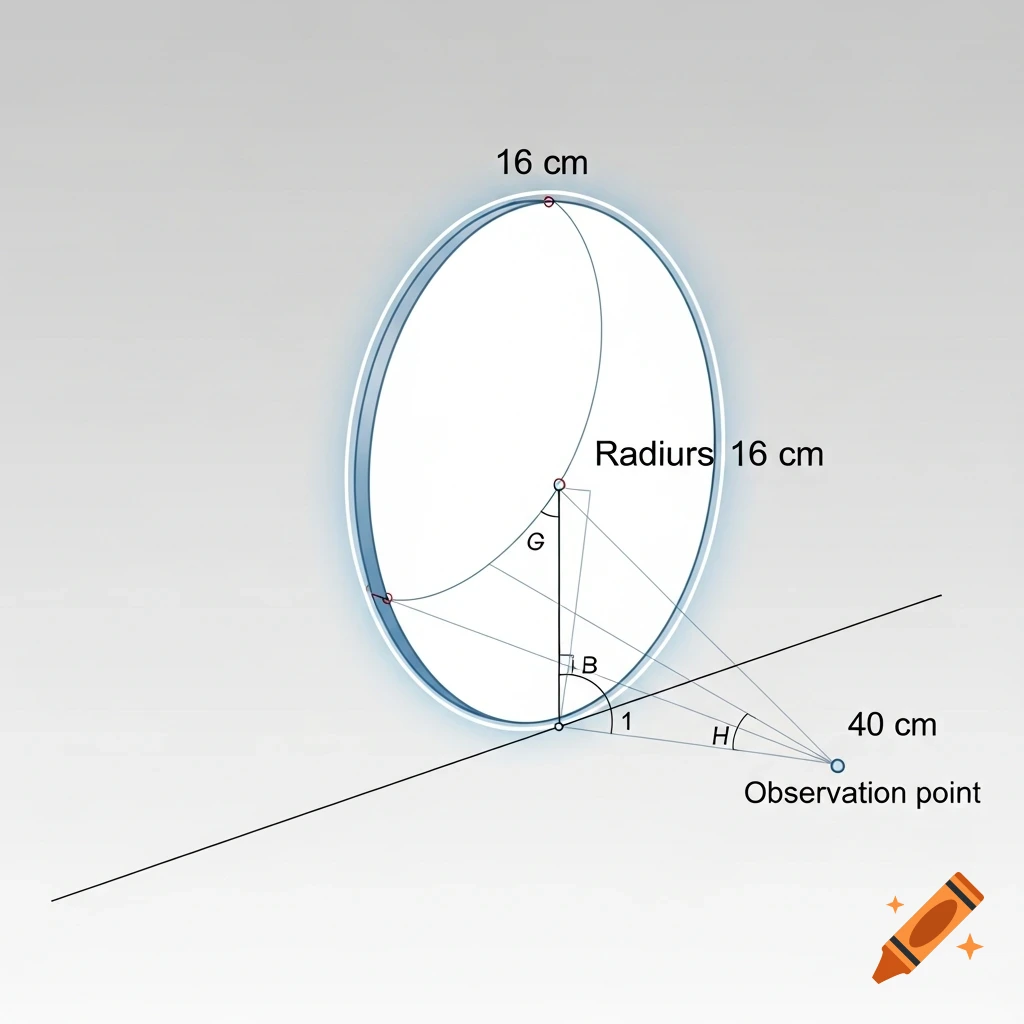 A 3D geometric diagram shows an ellipse representing a circle with a radius of 16 cm, viewed from an observation point 40 cm from its center. Lines and angles are labeled.