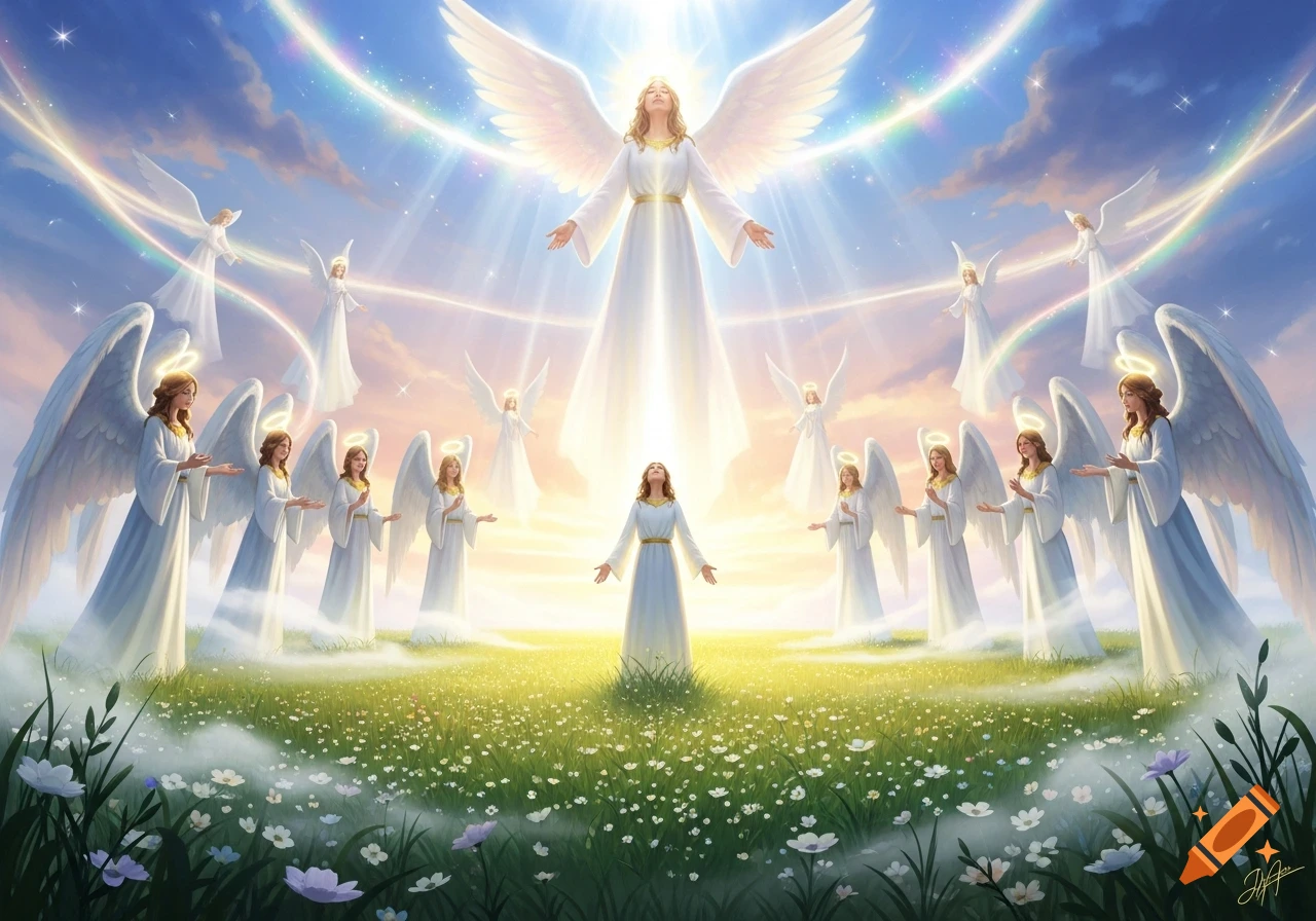 Many angels with white wings and halos float over a field of flowers under a bright, rainbow-streaked sky.