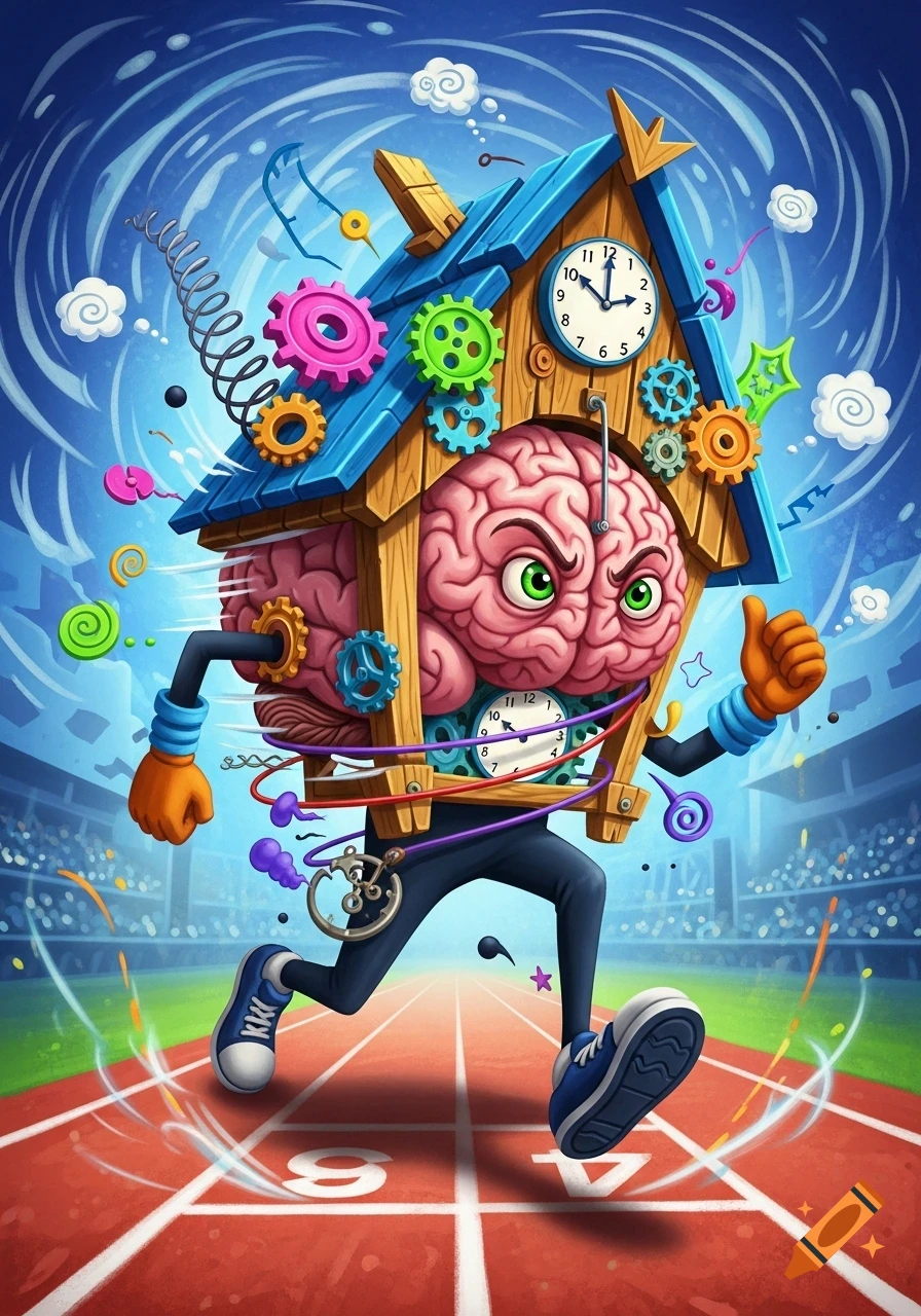 A vibrant cartoon of an angry brain inside a cuckoo clock running on a racetrack, giving a thumbs up, with gears and wires around it.