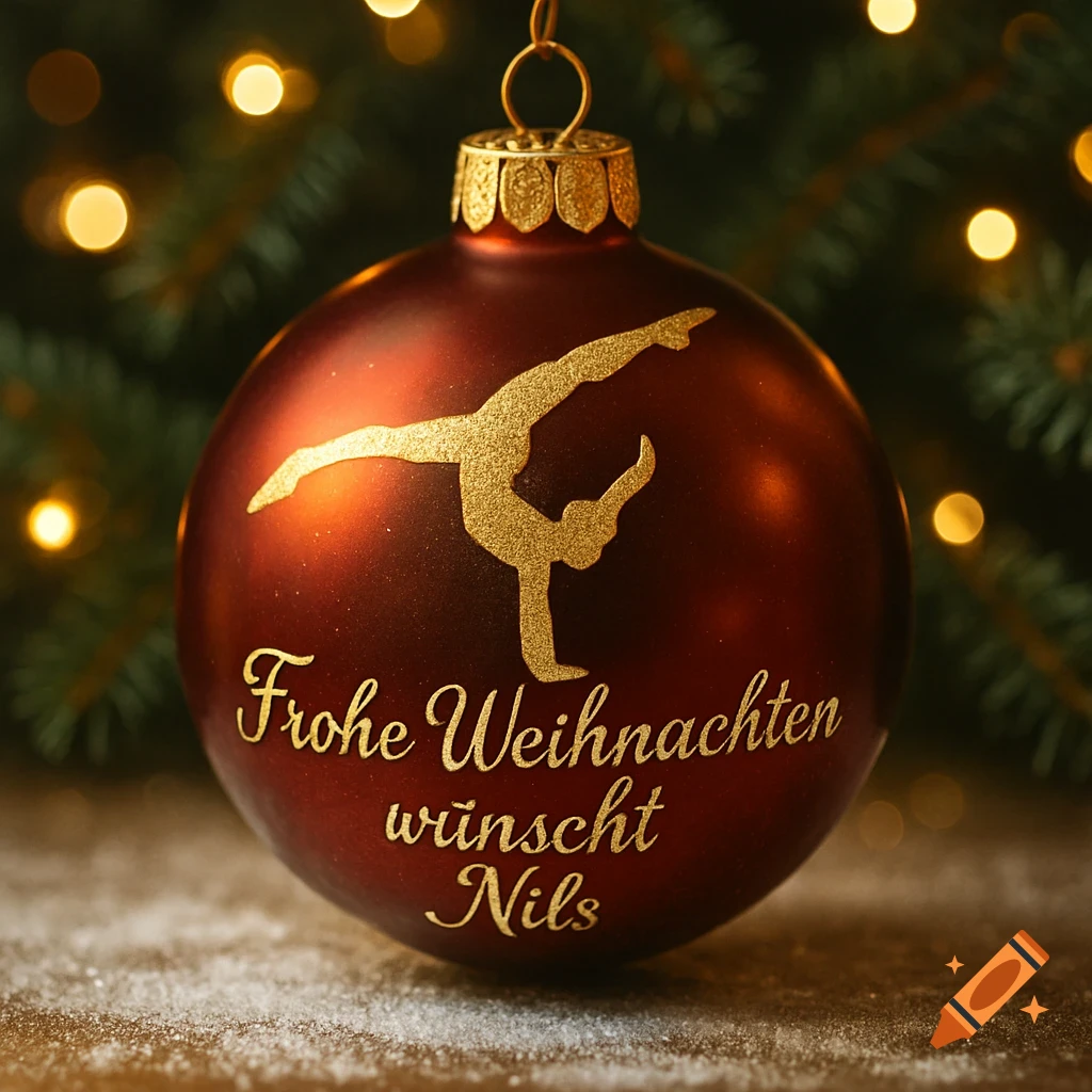 A red Christmas ornament with a golden silhouette of a gymnast and the text "Frohe Weihnachten wünscht Nils" rests on snow.