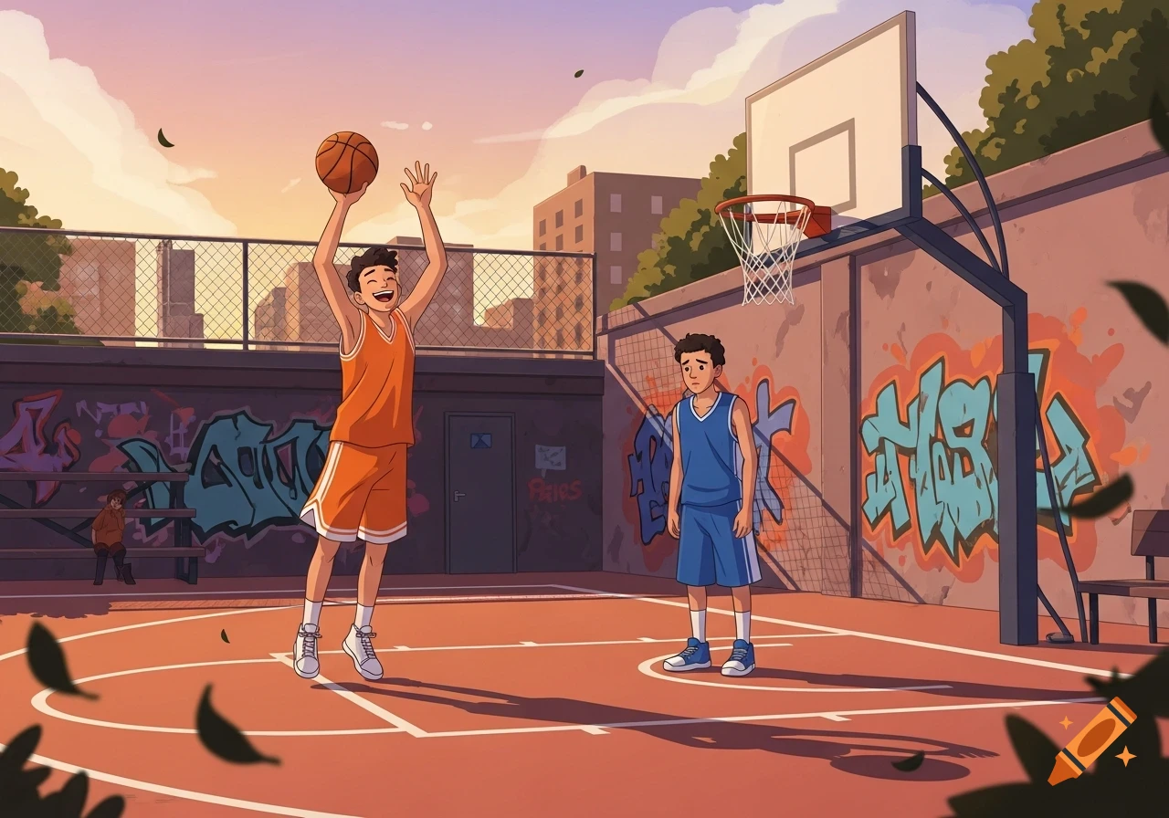 Cartoon boys play basketball on an outdoor court at sunset; one shoots happily, the other looks sad.