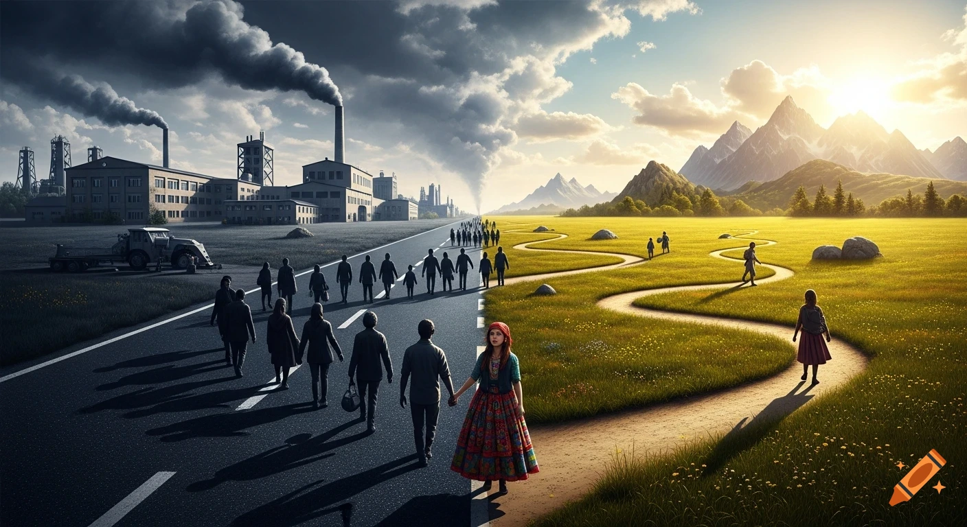 Split image: dark industrial area with factories and people on a road, contrasted with a sunny green meadow with winding paths and mountains. A colorful woman stands at the center.
