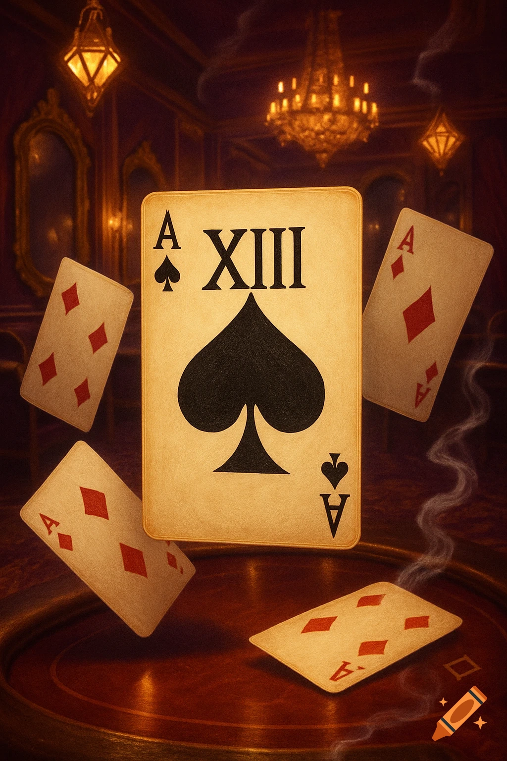 Close-up of a central Ace of Spades playing card with Roman numeral XIII, surrounded by four floating Ace of Diamonds cards, against a dimly lit luxurious casino interior with chandeliers.