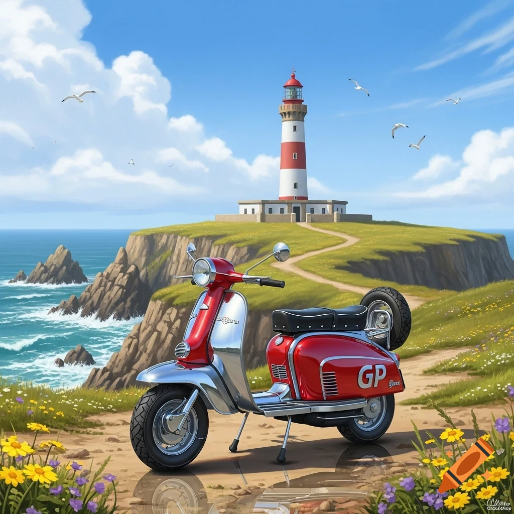A red and silver vintage scooter, a Lambretta GP, parked on a dirt path with yellow flowers, overlooking a blue ocean and a lighthouse on a distant cliff under a sunny sky.