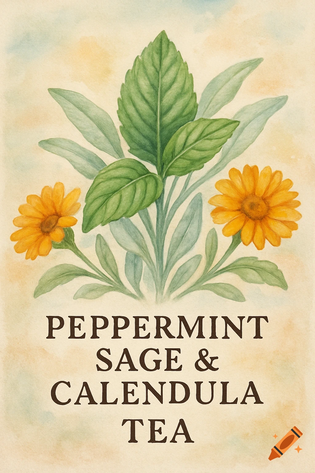 Watercolor illustration of peppermint, sage, and calendula plants with the text 'PEPPERMINT SAGE & CALENDULA TEA'.