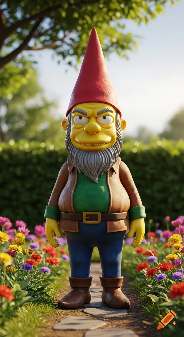 A grumpy-looking garden gnome with a yellow face, gray beard, and red hat, resembling Homer Simpson, stands on a stone path in a vibrant flower garden.