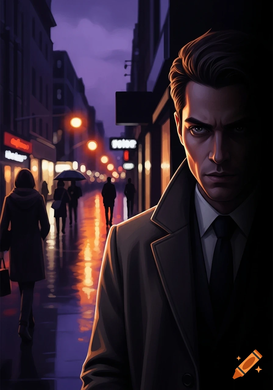 A mysterious man in a trench coat and tie looks intently in a stylized, dimly lit city street at night.