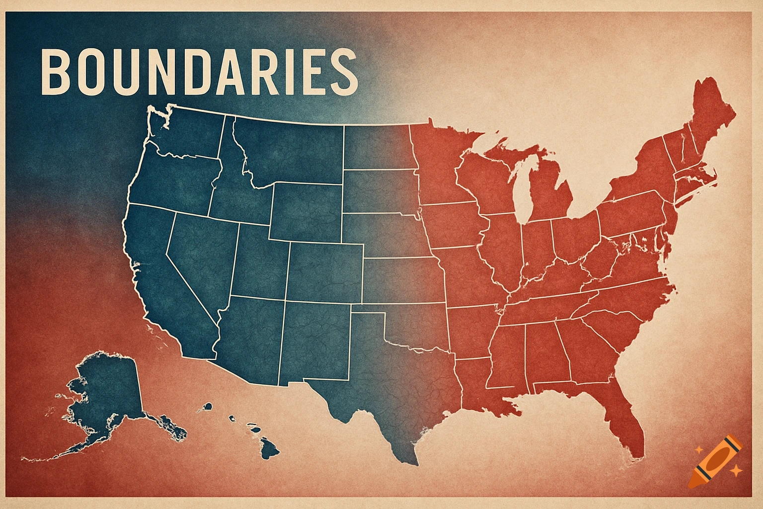 A vintage-style map of the United States, divided into blue on the left and red on the right, with the word 'BOUNDARIES' across the top left.