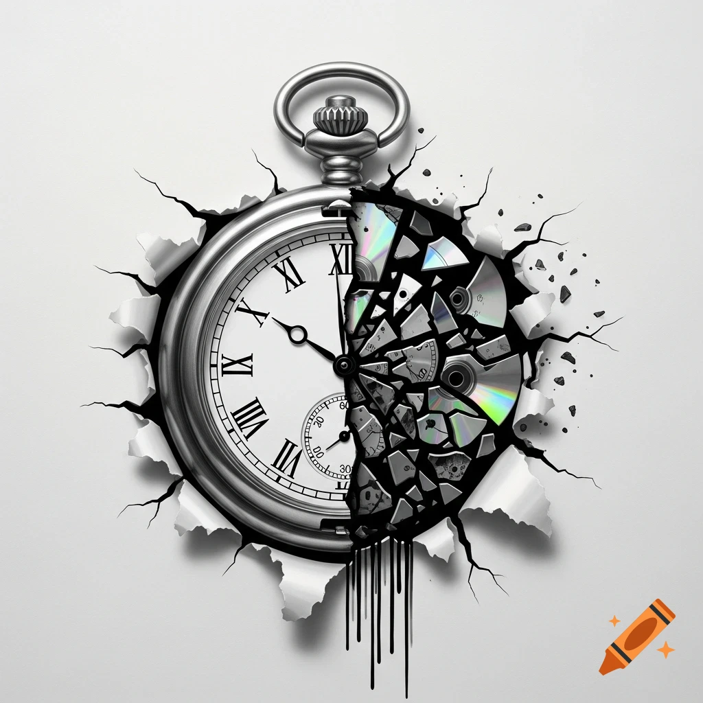 A silver pocket watch, half intact with Roman numerals, half shattered into reflective CD shards, tearing through a white surface.