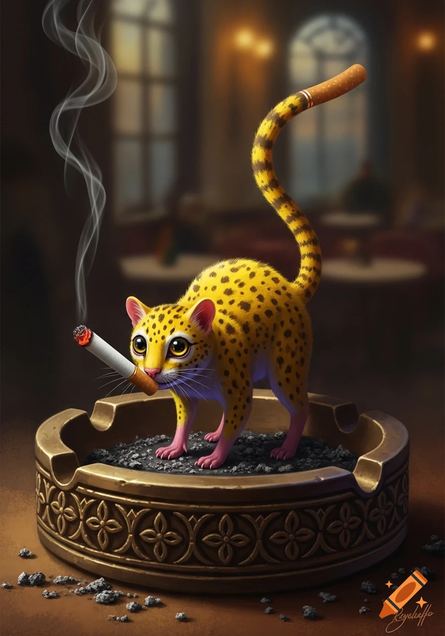 A vibrant, spotted marsupilami-like creature with huge eyes stands in an ashtray, smoking a cigarette that is also its tail.